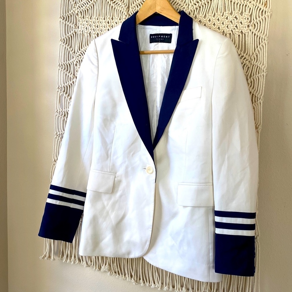 Equipment Femme White & Navy Wool-Blend Blazer Jacket | Size 2